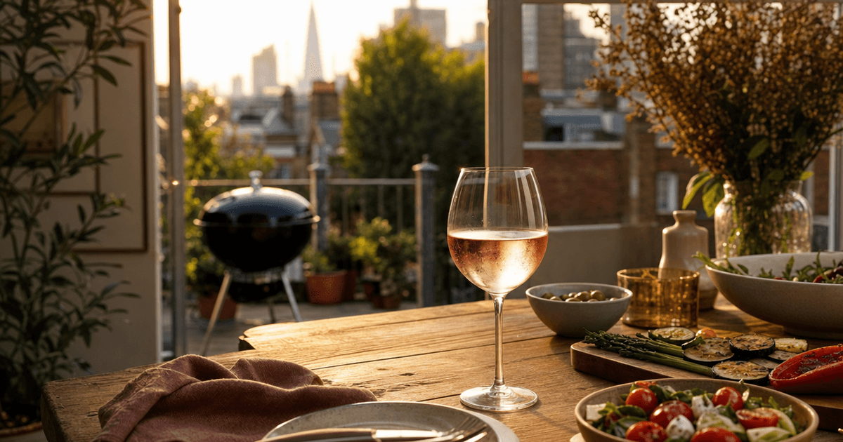 Glasses of red wine and chilled rosé beside a plate of glazed barbecue ribs on an outdoor grill table
