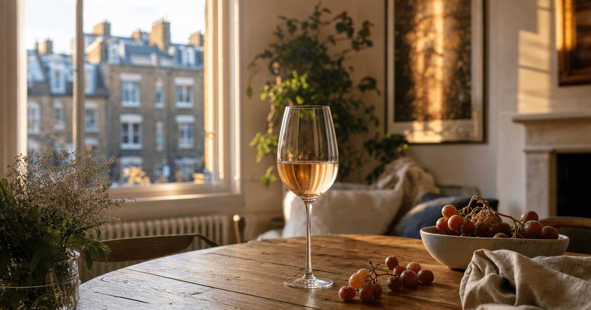 Deep pink rosé de saignée being poured into a glass beside a bunch of dark-skinned grapes on a cellar table