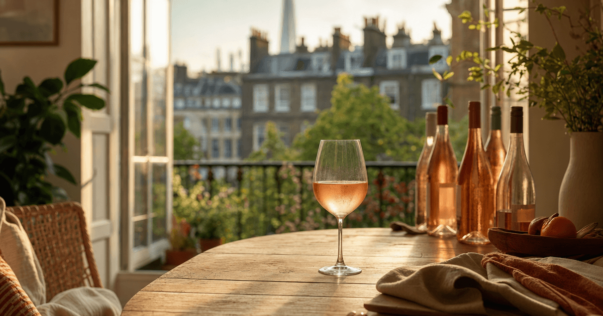 Five glasses of the best summer rosé wines lined up on a shop counter, ranging from pale salmon to deep pink