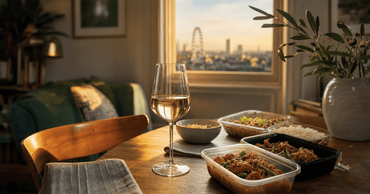 Glasses of chilled Riesling and Gewürztraminer poured beside a spread of Chinese takeaway dishes on a kitchen table