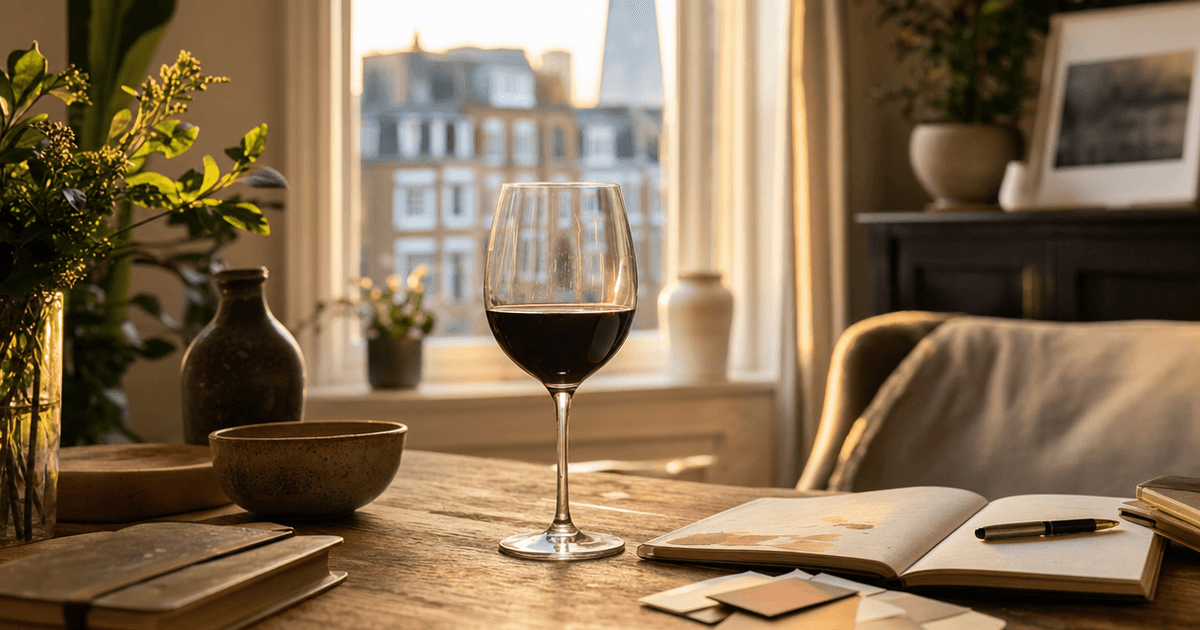Wine tasting notes journal open beside a glass of red wine on a merchant's counter