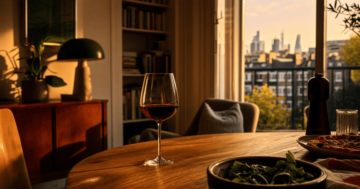 A glass of red wine beside a wood-fired Margherita pizza on a rustic table, set for a pairing of wine with pizza