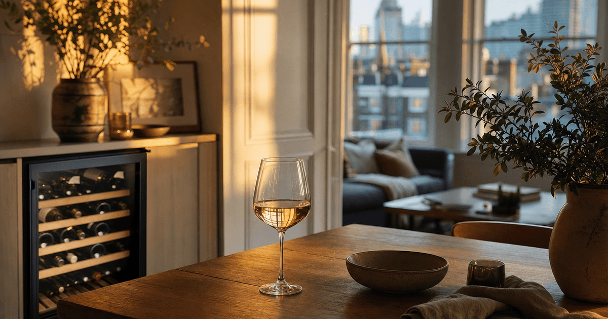 Wine fridge stocked with bottles on a kitchen counter in a small city flat, showing whether a wine fridge worth it setup