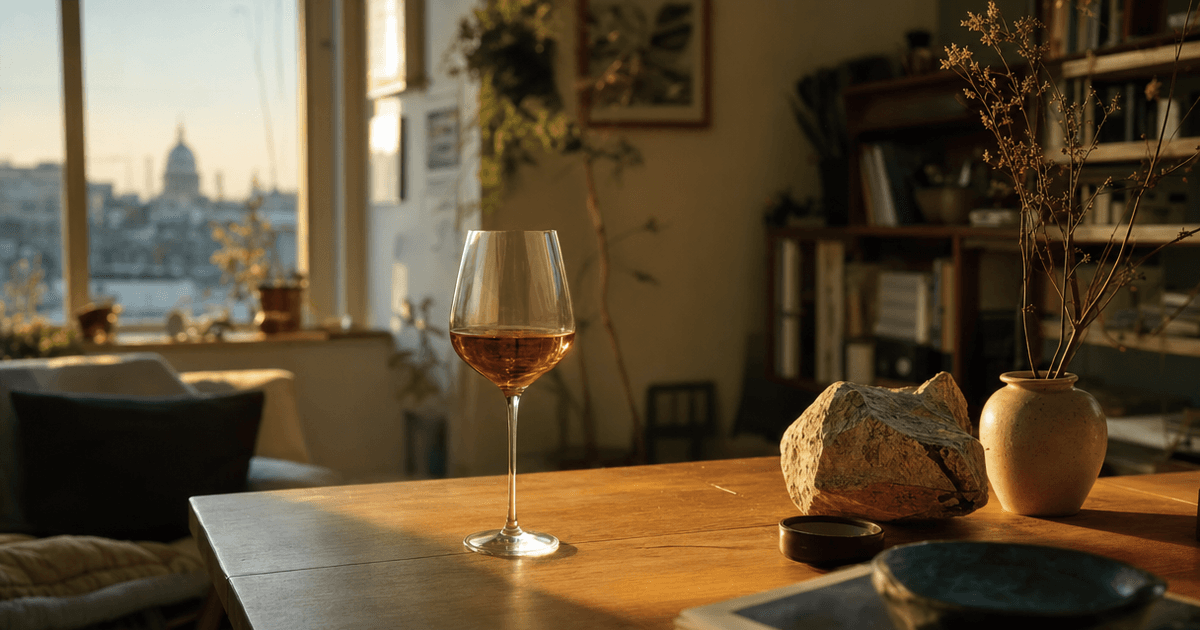 A dusty bottle of Jura wine and a glass of golden vin jaune on an old oak barrel in a stone cellar