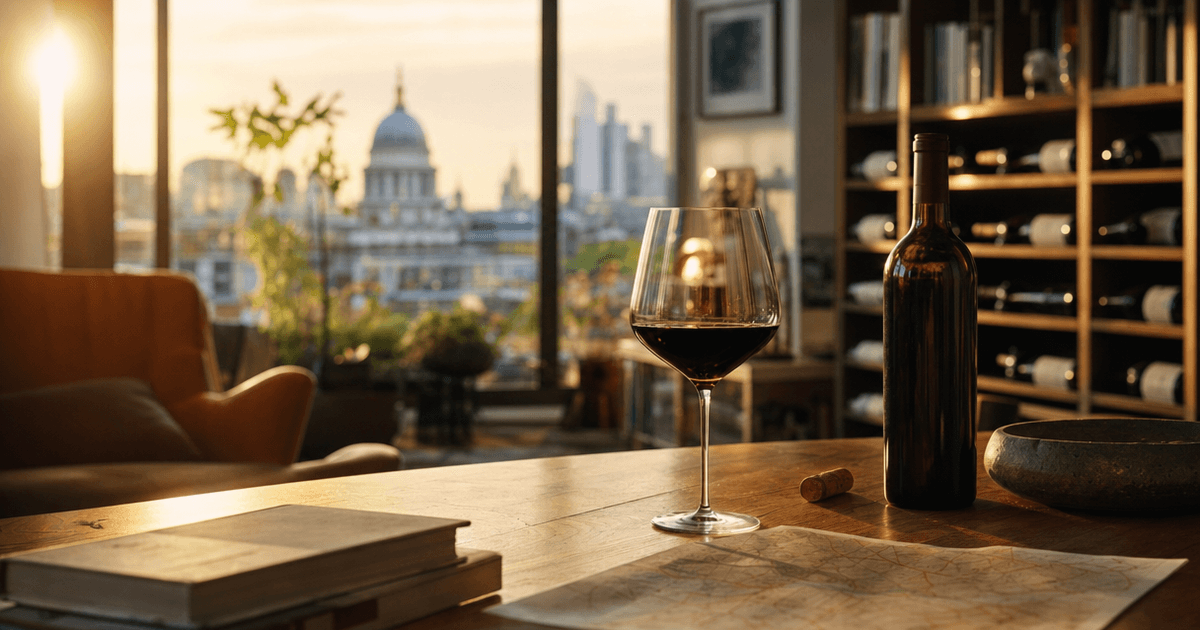Wine merchant holding a bottle of claret in a cellar, illustrating wine as an investment UK guide