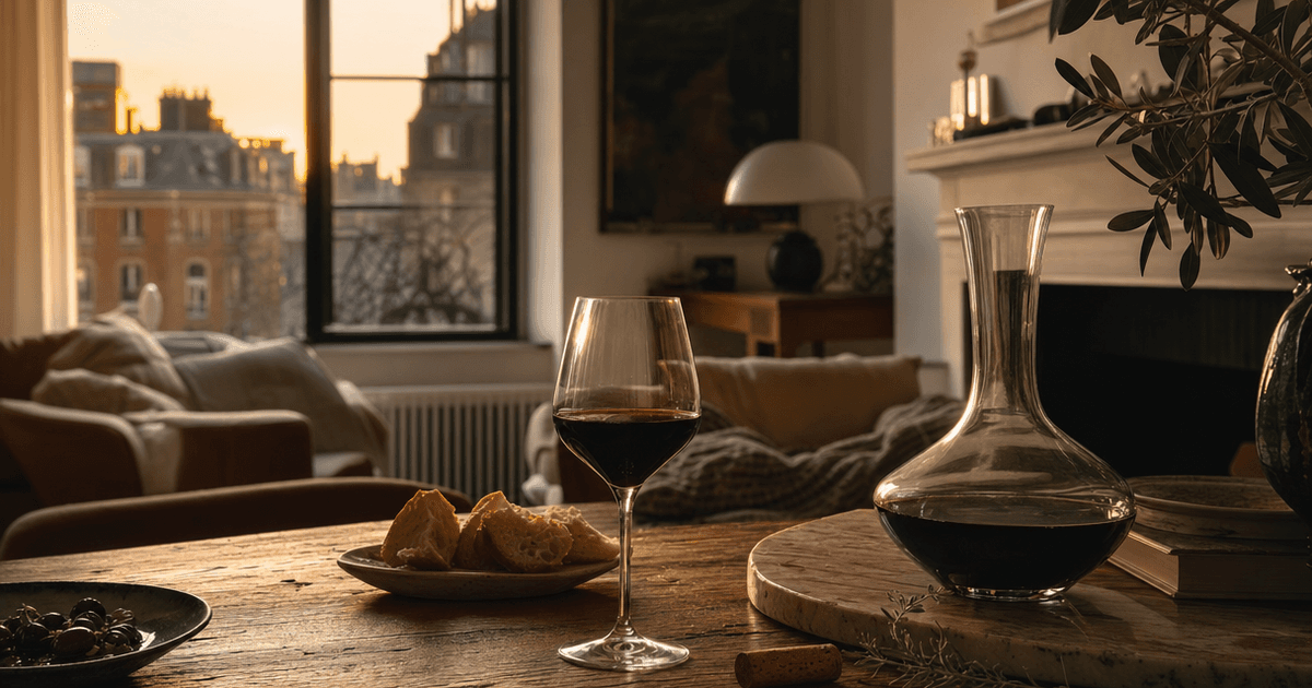 Three glasses of red GSM blend wine on a wooden shop counter beside Grenache, Syrah and Mourvèdre grape clusters