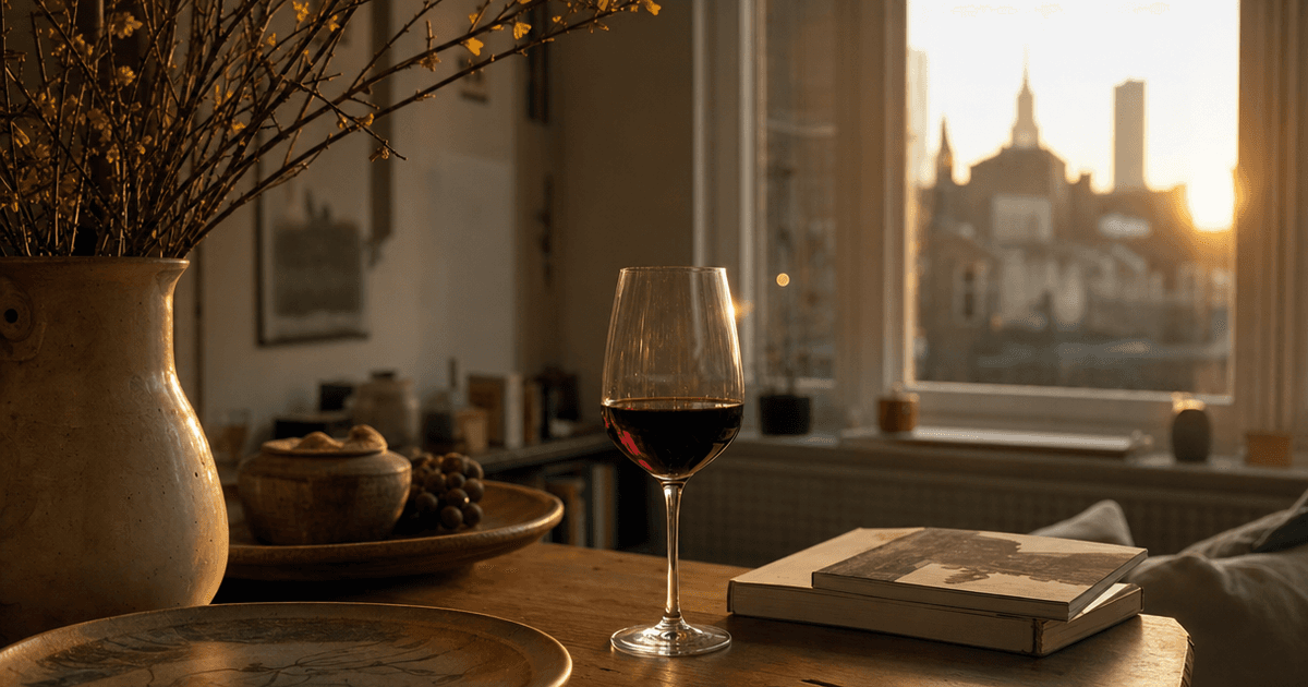 Bottles of Côtes du Rhône Villages red wine on a wooden shop counter with the Rhône valley map behind