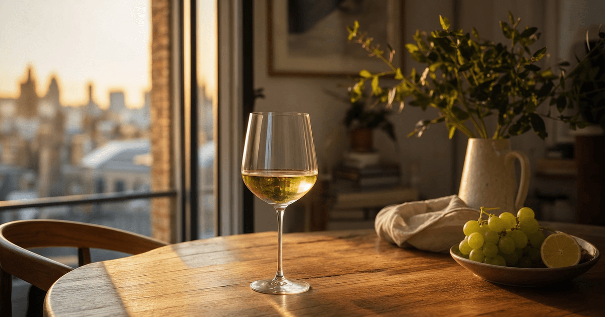 A glass of golden Australian Chardonnay on a wooden bar, vineyard rows visible through the window behind it
