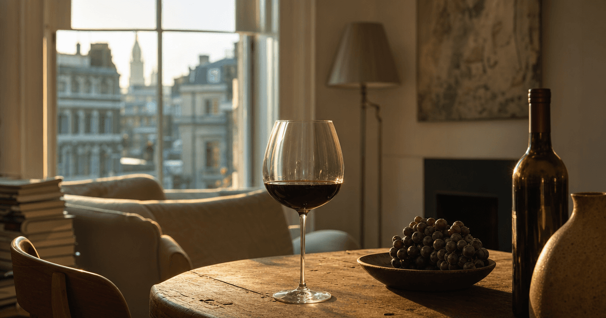 Bottle of Napa Valley Cabernet Sauvignon on a wine shop counter with Oakville vineyard rows visible through the window