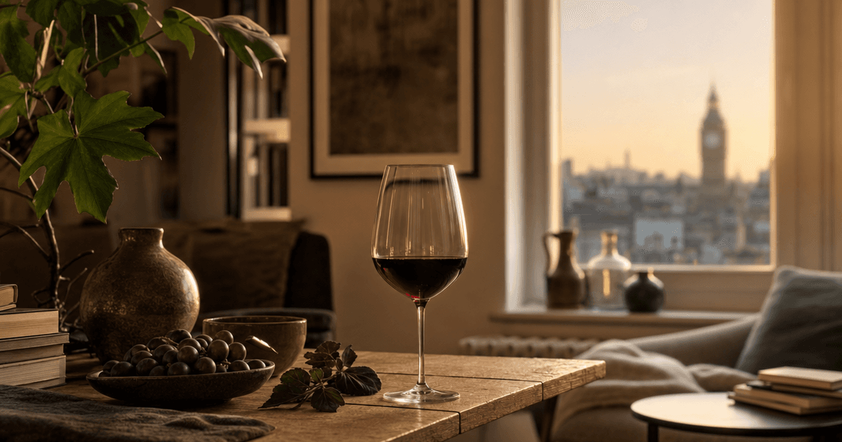 Glass of deep purple carmenere wine beside black grapes in Chile's Colchagua Valley vineyard