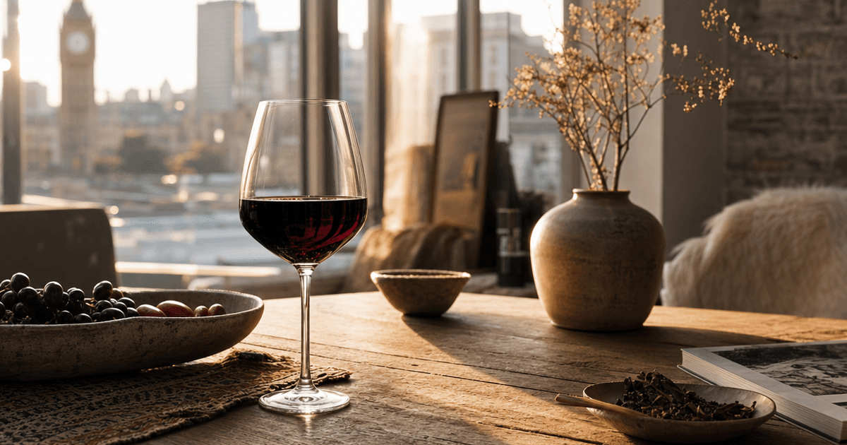 A glass of deep, inky Uruguay Tannat wine poured next to the bottle on a wooden shop counter