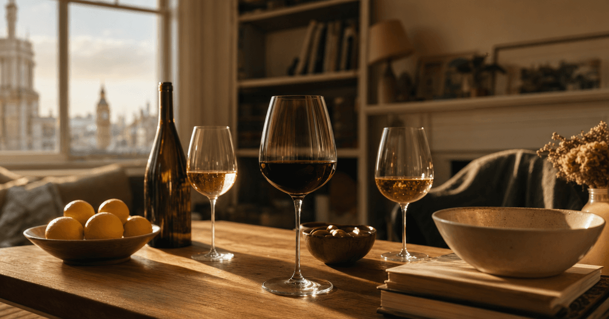 Two glasses of chardonnay, California on the left golden and rich, white Burgundy on the right pale and lean, on a shop counter