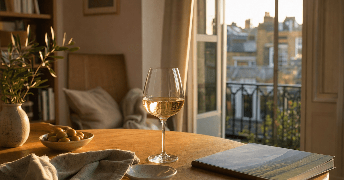 Two glasses of sauvignon blanc side by side, one pale and mineral, one bright and tropical, on a wine shop counter