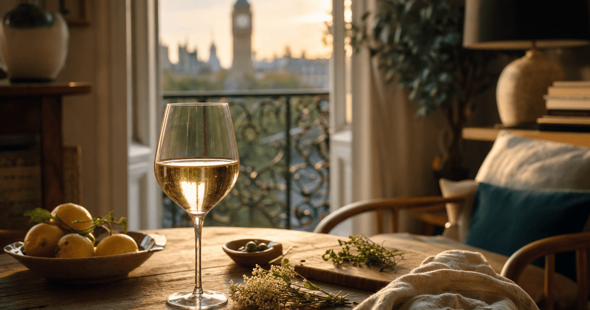 Chilled glass of vermentino wine beside grilled sea bass on a coastal terrace table