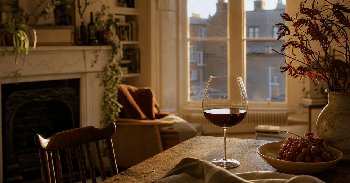Bottle of gamay grape wine from Beaujolais standing on a wooden shop counter beside two poured glasses of bright purple red