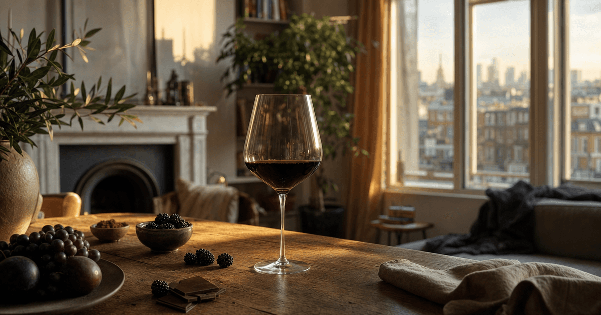 Glass of deep red Cabernet Sauvignon being poured in a wine shop, showing the colour and body behind its taste