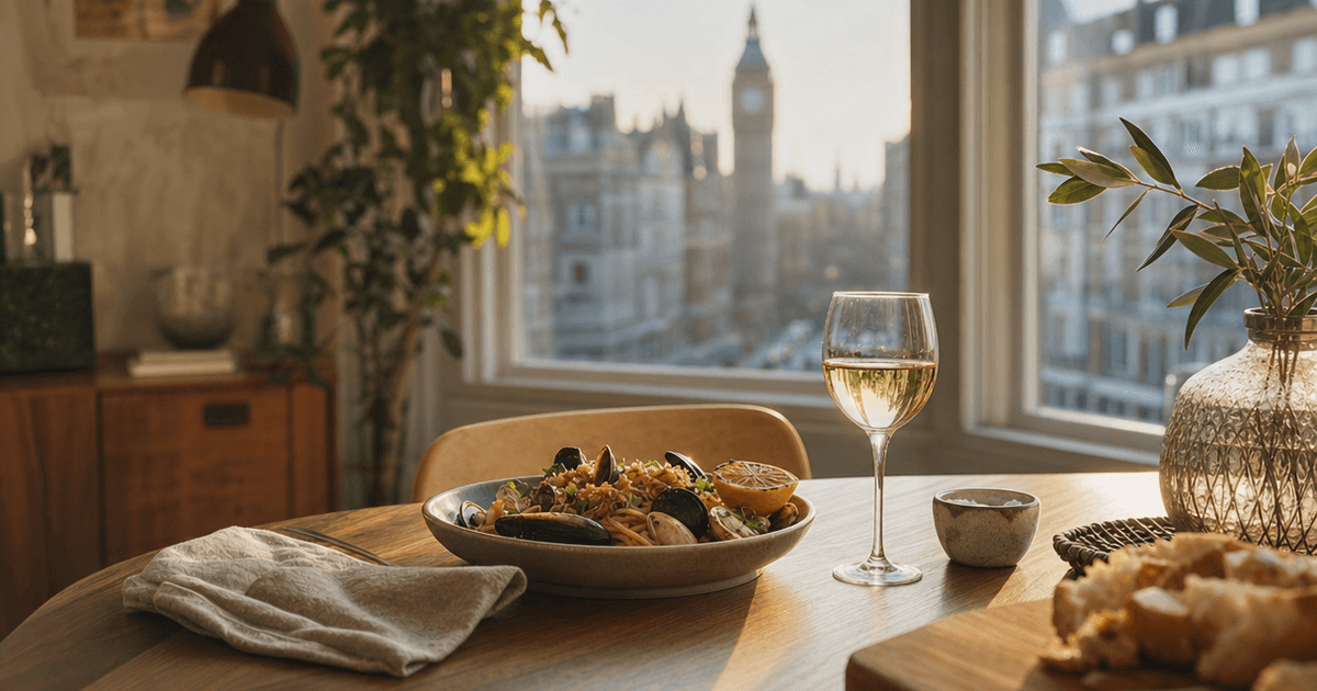 A pan of white wine and cream sauce for fish simmering next to a poured glass of chilled white wine