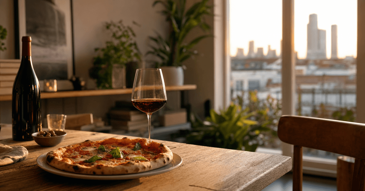 A glass of red wine with pizza on a wooden table, slice mid-bite, steam rising from a fresh Margherita