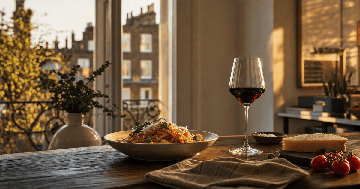 A bowl of tagliatelle in a creamy white wine pasta sauce next to a poured glass of Italian white wine on a wooden table