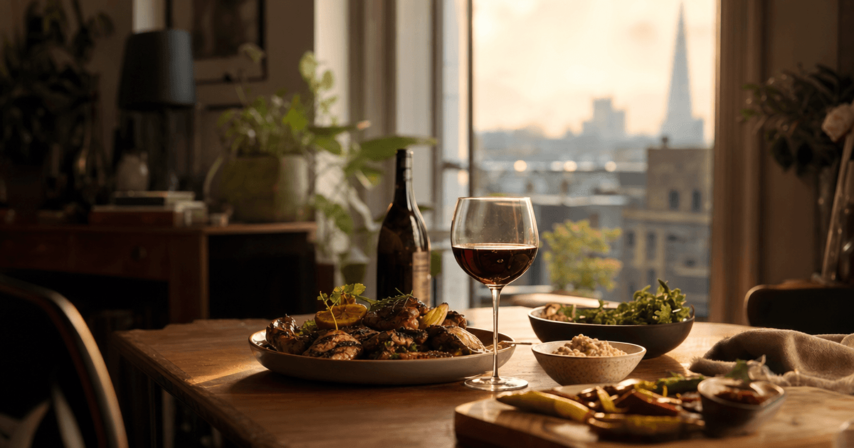 Glasses of red wine for BBQ set on a garden table beside a smoking grill loaded with ribs and charred vegetables