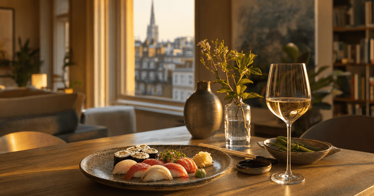 Glasses of dry white wine with sushi arranged on a wooden counter beside soy sauce and wasabi