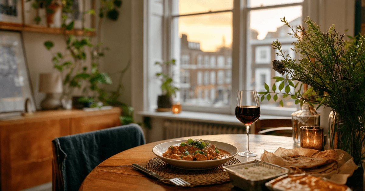 A glass of off-dry white wine poured beside a spread of Indian curry dishes, showing what good wine with curry looks like on the table