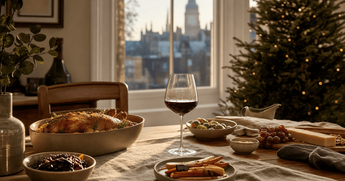 A laid Christmas dinner table with turkey, cranberry sauce and several open wine bottles waiting to be poured