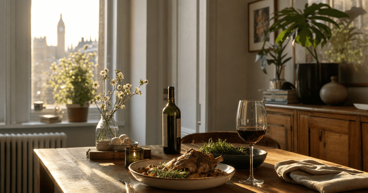A roasted leg of lamb with red wine sauce being poured over the meat, glass of claret beside the carving board