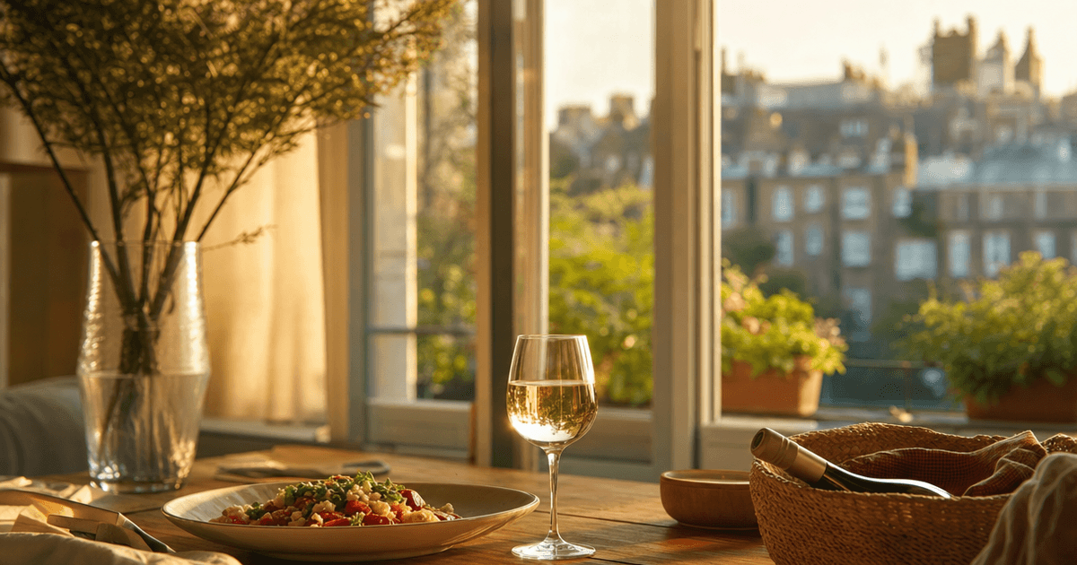 A wine cooler for a picnic packed with ice, a chilled rosé, and glasses on a blanket in a sunny park