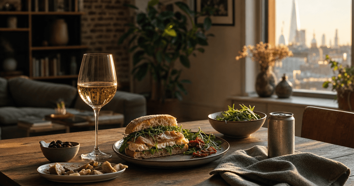 A hand pouring chilled white wine beside a BLT sandwich on a wooden shop counter, a simple lunch wine pairing scene.