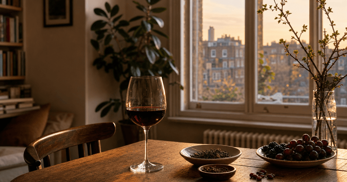 A glass of deep red wine being poured, illustrating what is tannin in wine through its colour and grip