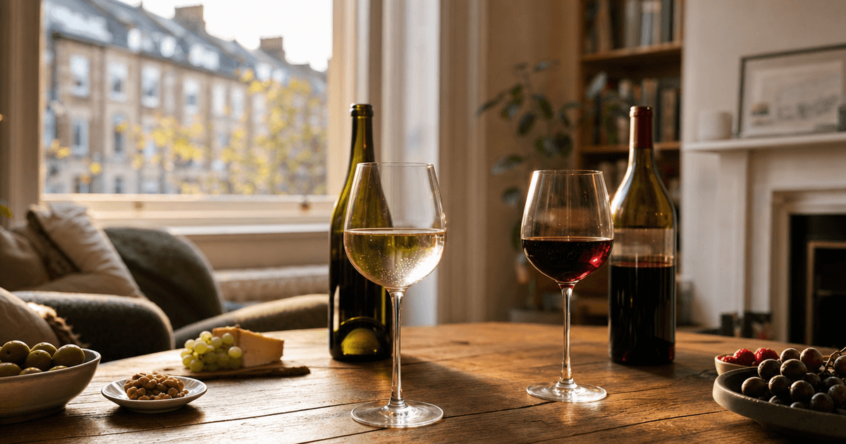 Shop counter with a bone-dry Chablis and a sweet Sauternes side by side, illustrating dry wine meaning for a curious customer