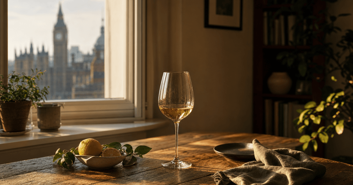 A glass of pale gold wine catching the light next to a cut lemon, illustrating acidity in wine explained for shoppers