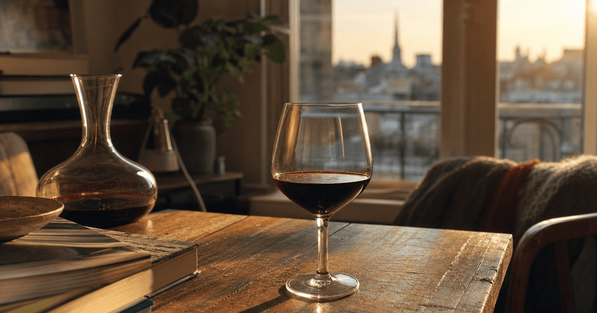 A glass of white wine catching light next to an open bottle and a wide decanter on a wooden counter