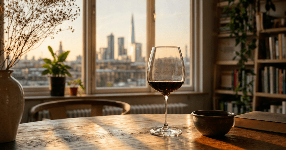 Close-up of red wine tears sliding down the inside of a swirled wine glass against a window's light