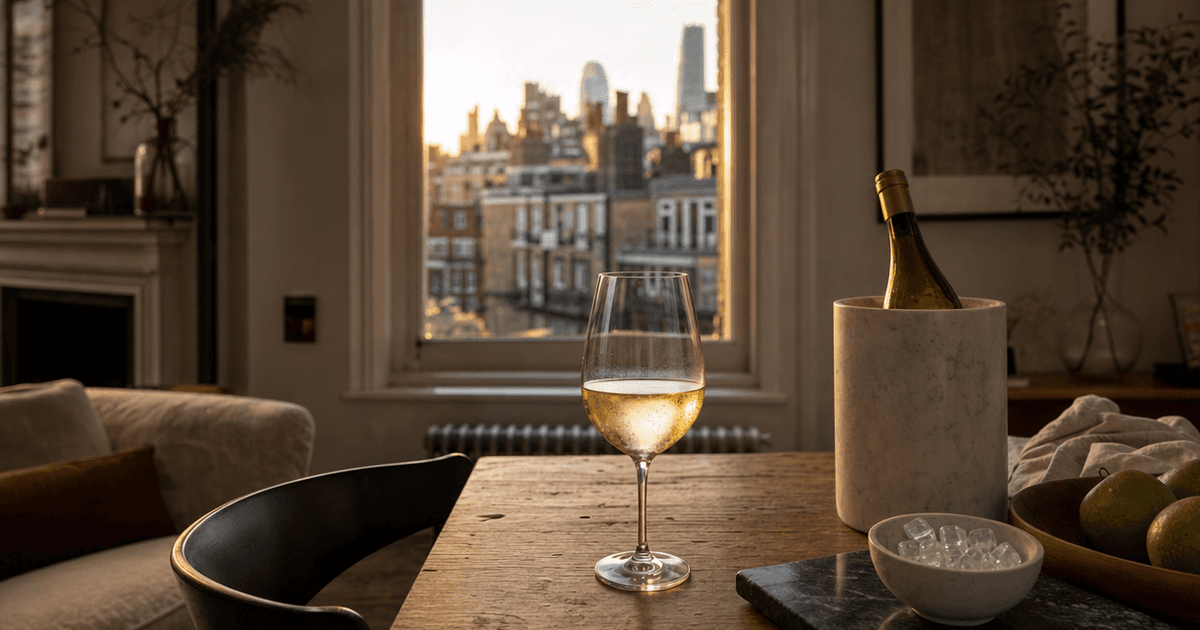 A hand holding a glass of red wine near an open bottle and ice bucket, checking the serving temperature before pouring
