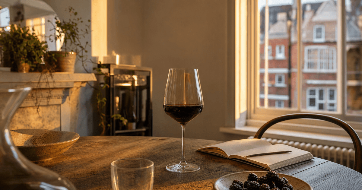 Customer swirling a glass of red wine while learning how to taste wine properly at a small independent wine shop counter