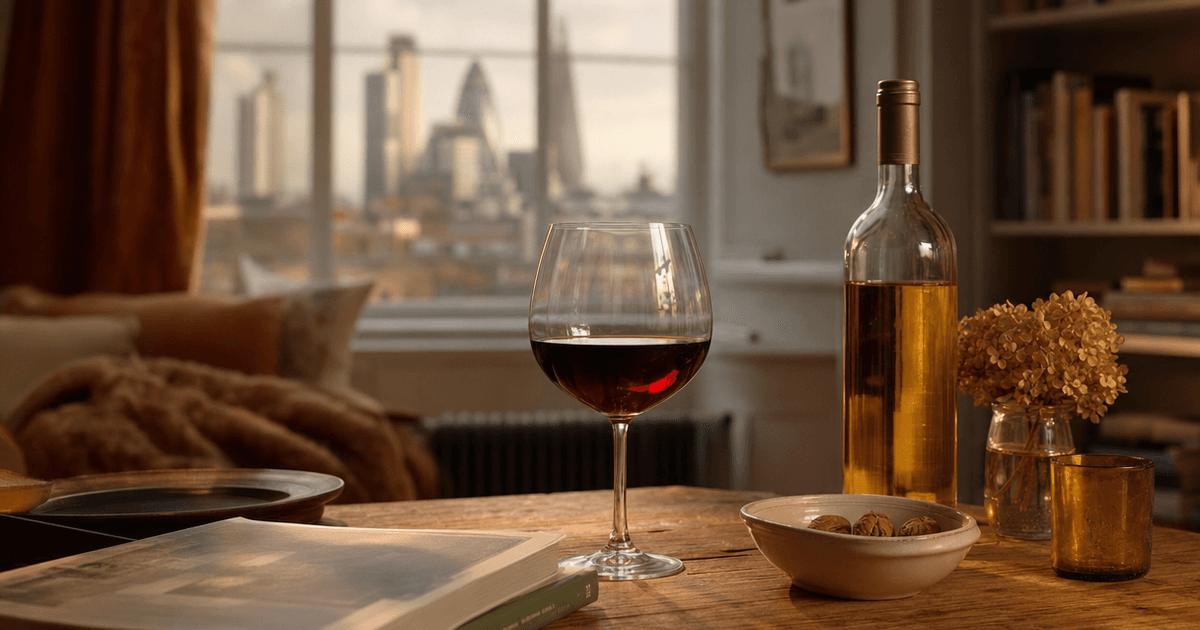 A glass of golden Sauternes wine beside a half-bottle on a wooden shop counter, late afternoon light
