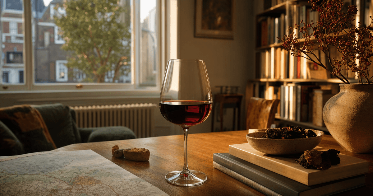 Two glasses of Nebbiolo red wine, one poured as Barolo and one as Barbaresco, side by side on a wine shop counter
