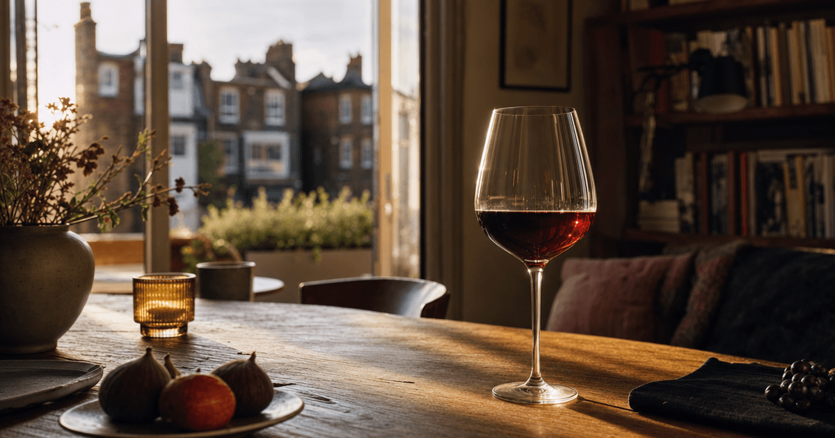A glass of pale ruby Nebbiolo wine held up to the light beside an open bottle, showing the grape's famously translucent colour