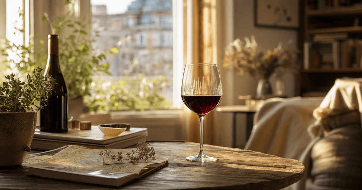 Bottles of beaujolais wine and glasses of young red wine laid out on a shop counter to mark beaujolais wine day