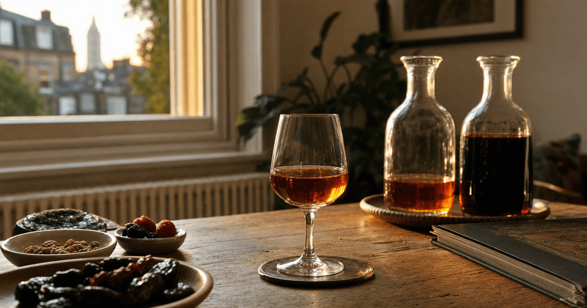 Glass of amber port tawny beside an open bottle and a bowl of walnuts on a wooden shop counter