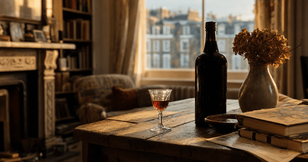 A dusty bottle of vintage port lying on its side next to a decanter, sediment visible against candlelight