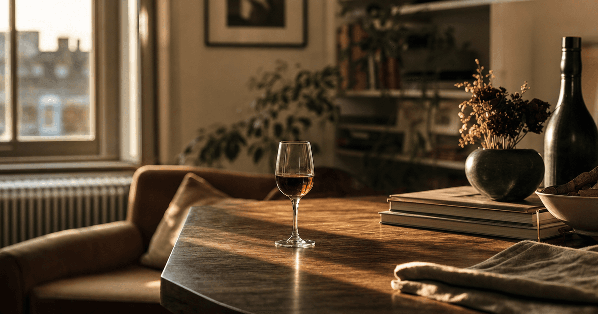 Bottle of LBV Port beside a poured glass of ruby wine on a wooden shop counter