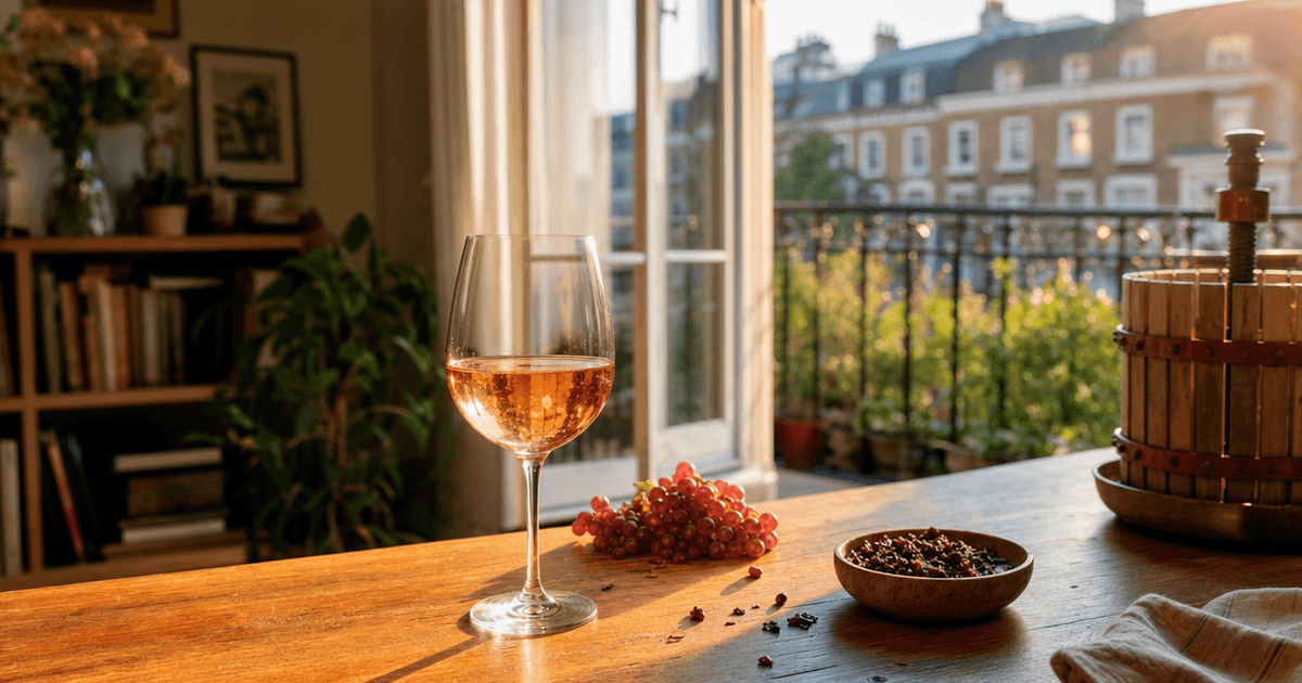 Pale pink rosé wine being poured into a glass, showing how rosé wine is made through short skin contact with black grapes