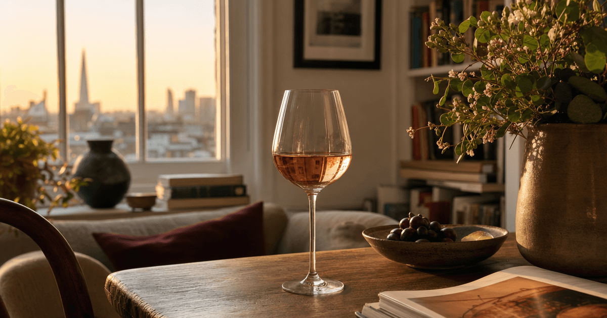 A glass of deep pink-orange Tavel rosé wine on a wooden counter, darker than typical Provence rosé