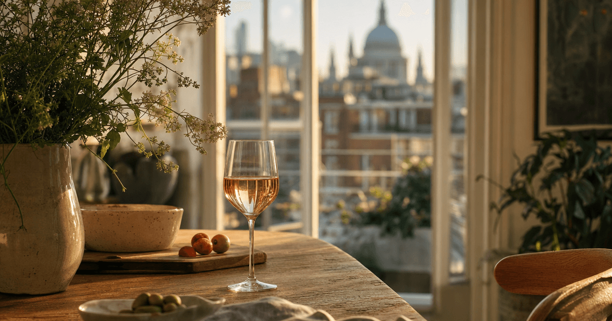 Glass of pale pink English rosé wine on a garden table in summer sunshine, with a Kent vineyard visible behind