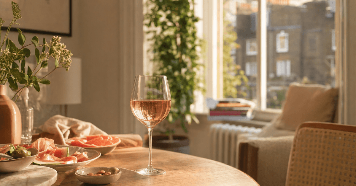 A glass of pale pink rosé wine on a table beside grilled fish, olives and charcuterie, showing food pairing with rosé wine in practice