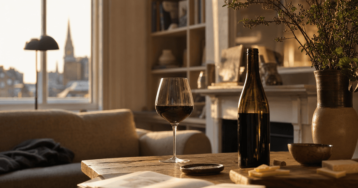 Two glasses of red and white wine on a wooden bar, poured for a slow, side-by-side tasting
