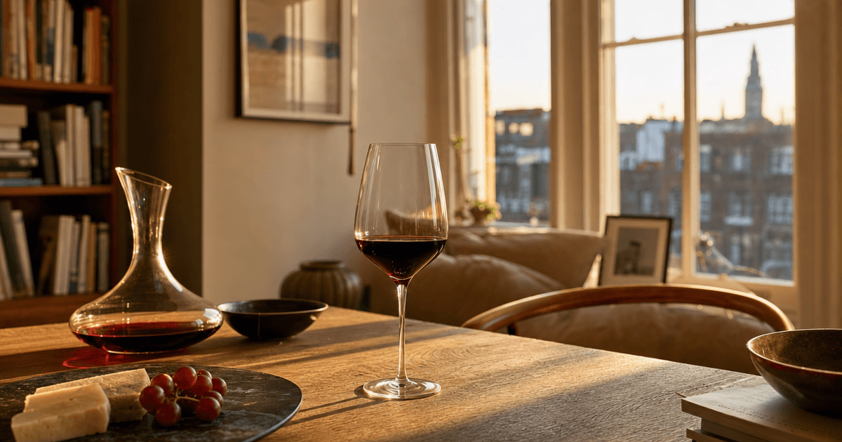 A hand pouring red wine into a glass decanter against a lamp, showing how to decant wine and check for sediment